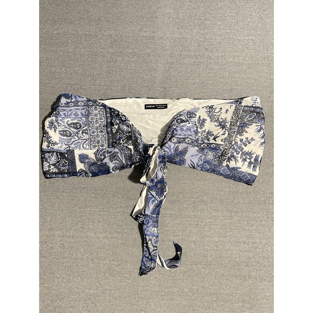 Shein Blue Paisley Tie Front Crop Top Womens Large Boho Bandana Print
